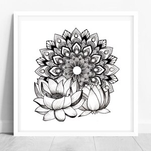 Mandala dessiné à la main / Lotus Mandala / Impression numérique / Art instantané / TÉLÉCHARGEMENT INSTANTANÉ /Décor mural imprimable / 6 tailles