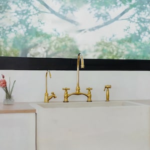 Victorian Brass Bridge Faucet, Unlacquered Solid Brass Tap, Vintage Inspired Kitchen Sink Fixture, Timeless Design with Swivel Spout