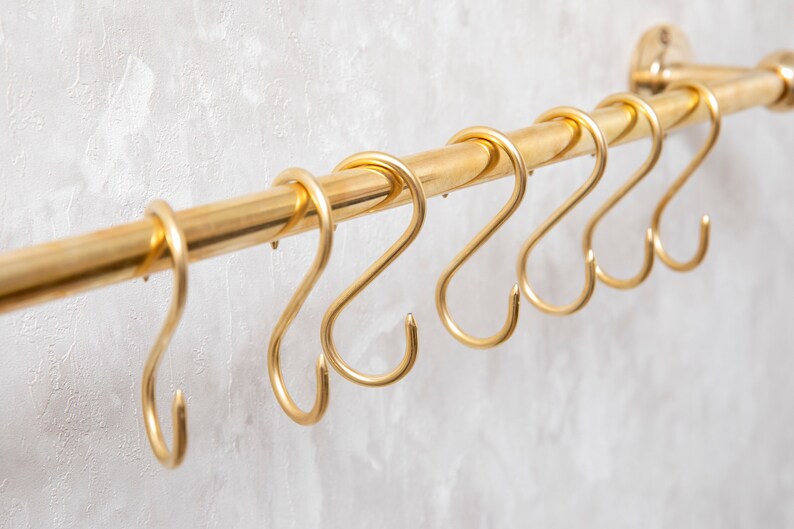 Unlacquered Brass Wall Mounted Pot Rack With Hooks, Brass Kitchen Pot