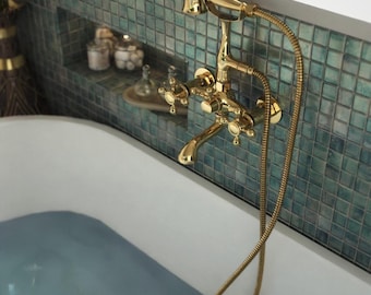 Unlacquered Brass Wall Mount Tub Filler, Classic Telephone Faucet Style