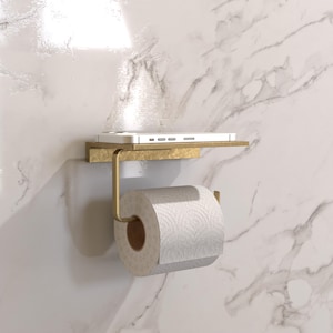 Unlacquered Brass Toilet Paper Holder with Shelf, Solid Brass Bathroom Tissue Holder