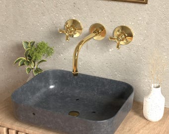 Unlacquered Brass Wall Mount Bathroom Faucet, Antique Style
