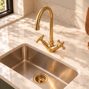 May include: A brushed gold kitchen faucet with two cross-style handles and a high-arched spout, paired with a rectangular stainless steel undermount sink featuring a matching gold-toned drain strainer set into a light-colored marble countertop.