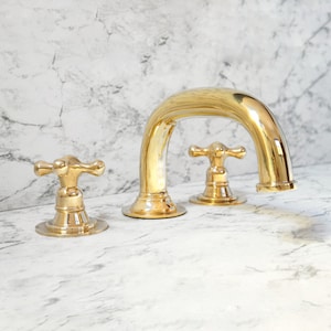 Unlacquered Brass Deck Mounted Faucet ,Brass Sink Faucet, 3 Hole Bath Faucet, Unlacquered Brass Vanity Faucet