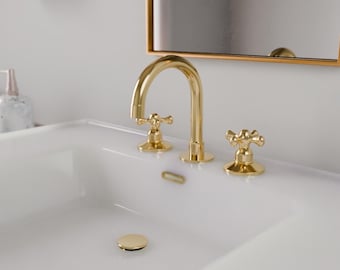 Unlacquered Solid Brass Bathroom Faucet, 3-Hole Deck Mount