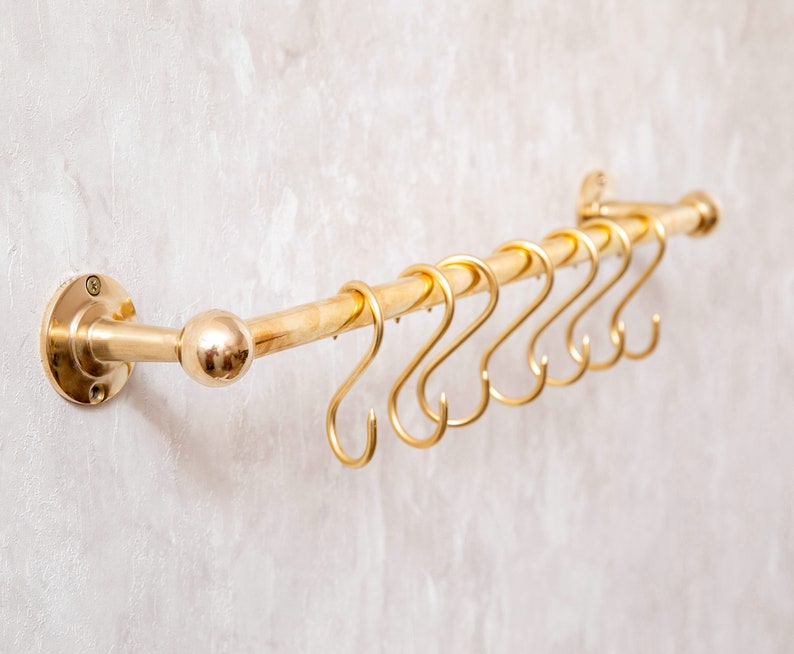 Unlacquered Brass Wall Mounted Pot Rack With Hooks, Brass Kitchen Pot