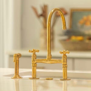 Unlacquered Brass Bridge Kitchen Sink Faucet, Antique Brass Faucet, 8 Inches Spread Bridge Faucet