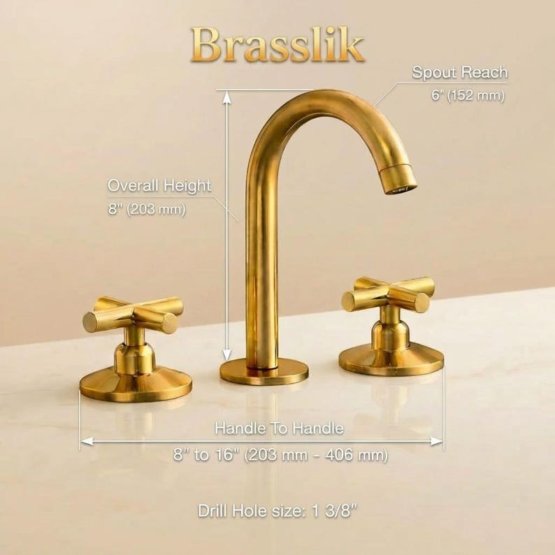 May include: A gold-colored bathroom faucet set with a curved spout and two cross-shaped handles. The overall height is 8 inches (203 mm), and the spout reach is 6 inches (152 mm). The handle-to-handle distance is 8 to 16 inches (203 mm - 406 mm).