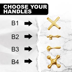 May include: Image featuring four different gold-colored handle designs. The text "CHOOSE YOUR HANDLES" is at the top. The handles are labeled B1, B2, B3, and B4, each with an arrow pointing to a different handle style.