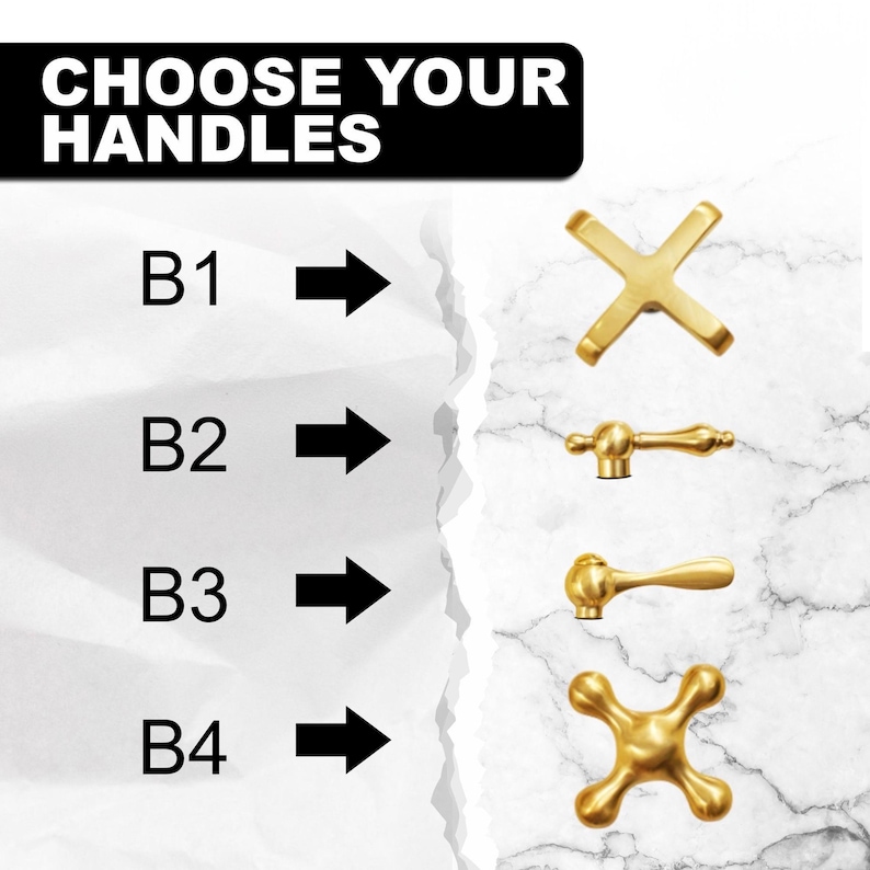 May include: Image featuring four different gold-colored handle designs. The text "CHOOSE YOUR HANDLES" is at the top. The handles are labeled B1, B2, B3, and B4, each with an arrow pointing to a different handle style.