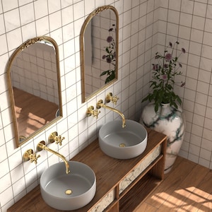 Unlacquered Brass Wall Mounted Faucet, Vintage Bathroom Sink Faucet, Antique Look Brass Vanity Faucet, Double Handle Unlacquered BrassFaucet
