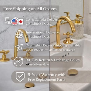 May include: A close-up of a bathroom sink with gold-colored fixtures. The image features a faucet, soap dispenser, and drain stopper. The text in the image says "Free Shipping on All Orders".