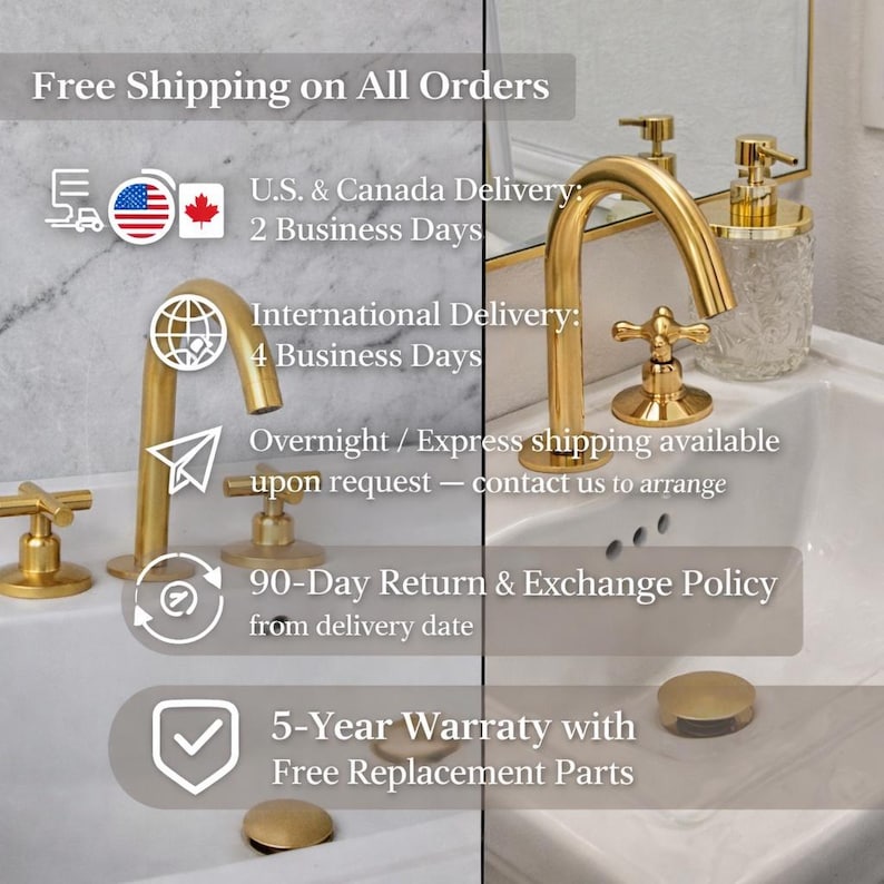 May include: A close-up of a bathroom sink with gold-colored fixtures. The image features a faucet, soap dispenser, and drain stopper. The text in the image says "Free Shipping on All Orders".