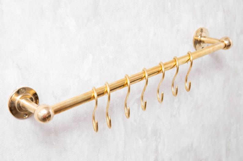 Unlacquered Brass Wall Mounted Pot Rack With Hooks, Brass Kitchen Pot