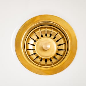 May include: A circular brass kitchen sink drain strainer with a polished metallic finish. The strainer features a central knob and a series of evenly spaced vertical slots arranged in a radial pattern, set against a plain white basin surface.