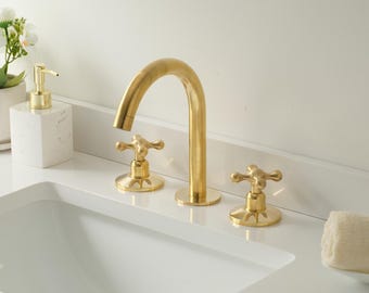 Unlacquered Solid Brass Bathroom Faucet, 3-Hole Deck Mount With Matching Pop Up Drain
