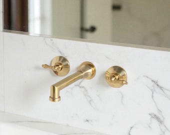 Unlacquered Brass Wall Mount Bathroom Faucet, Solid Brass