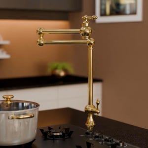 塗装なし真鍮デッキマウントポットフィラー、ダブルハンドル回転注ぎ口