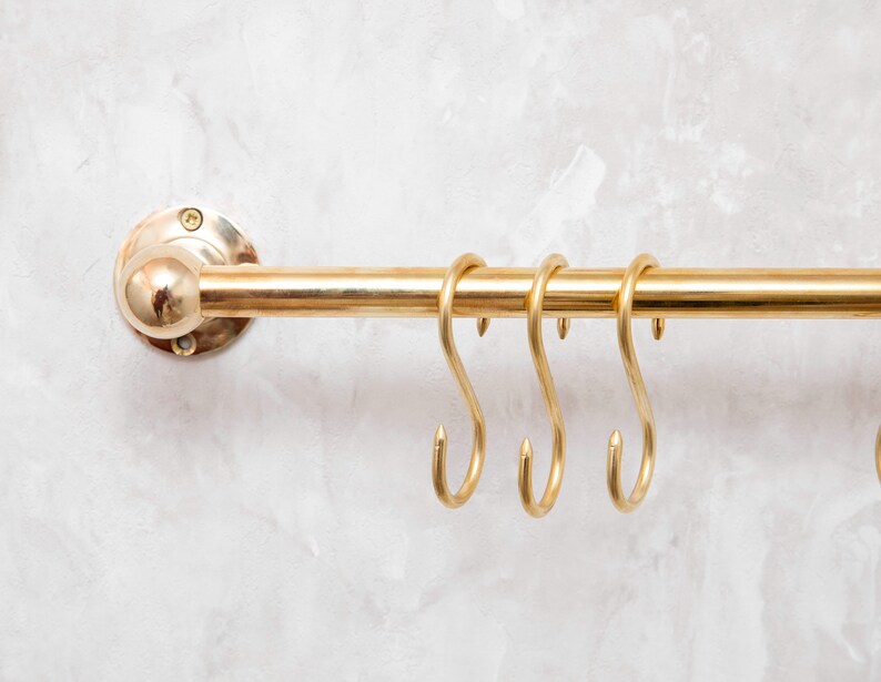 Unlacquered Brass Wall Mounted Pot Rack With Hooks, Brass Kitchen Pot