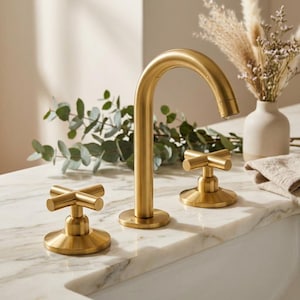 Deck Mounted Unlacquered Brass Faucet, 3-Hole Vanity Bathroom Fixture