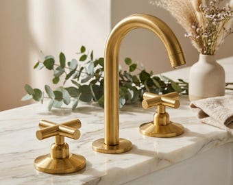 Deck Mounted Unlacquered Brass Faucet, 3-Hole Vanity Bathroom Fixture With Matching Pop Up Drain
