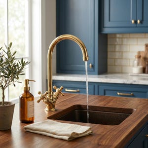 May include: A gold kitchen tap with cross-shaped handles, with water flowing into a dark sink. A brown soap dispenser and a folded beige cloth sit on the wooden countertop. An olive tree in a pot is on the left.