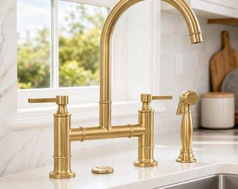 Maison Bridge Solid Brass Kitchen Faucet with Sprayer - Unlacquered Brass