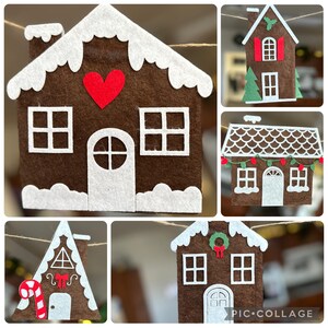 May include: A collage of felt gingerbread house ornaments. The houses are brown with white accents for snow and trim. Some have red hearts, shutters, or candy canes. The ornaments are strung on a twine.