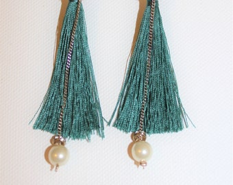 Unique Handmade Green Tassel & Pearl Drop Earrings