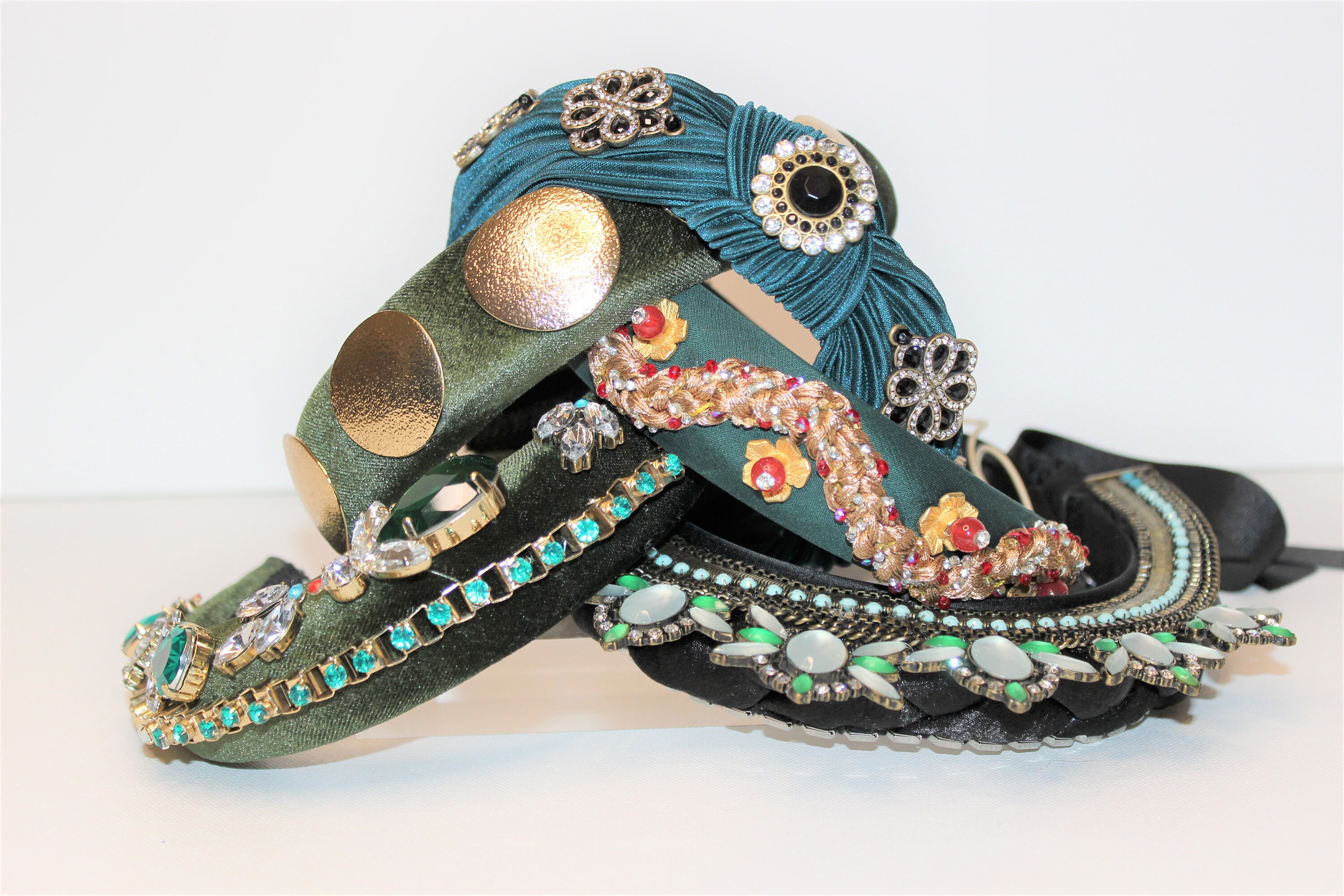 Black Velvet Jeweled Headband with Emerald Accents Set of 2 Jeweled Headbands Black Velvet Emerald Green  main image 3