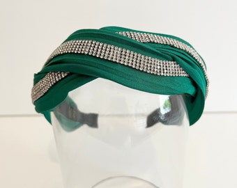 Emerald · Unique Handmade Diamanté Pleated Twisted Headband