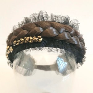 Omina · Unique Handmade Brown plait with black frill & beaded Headband