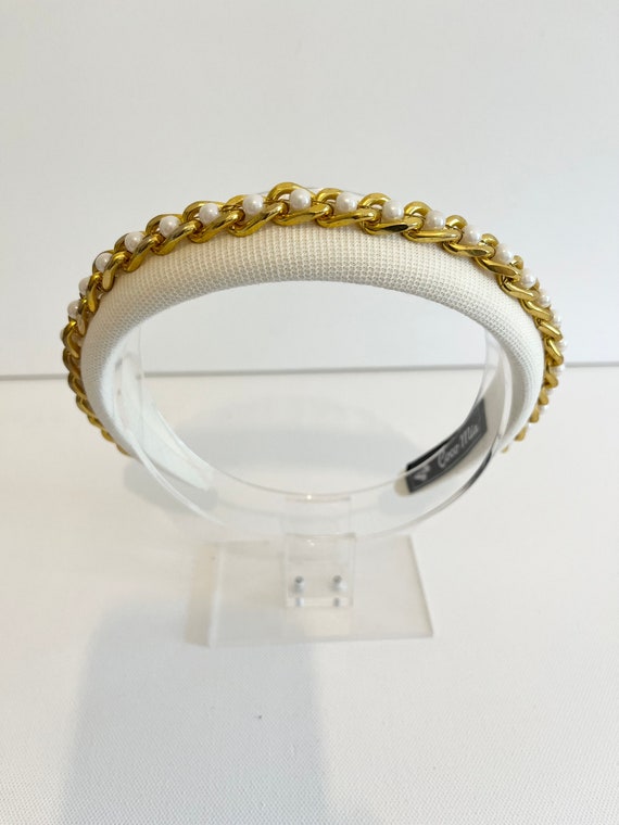White Headband with Gold Chain Accent Kate - Padded White and Sparkling Gold or Silver Headband  main image 4