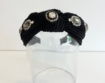 Noir · Unique Handmade Jewelled & Satin Twist Knotted Headband