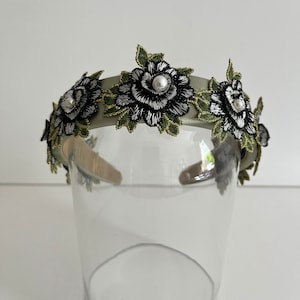Esme· Unique Handmade Floral Embroidered & Faux Pearl Satin Mint Headband