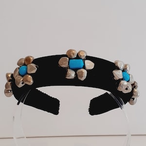 Sky· Unique Handmade Black Suede Headband with Jewelled Base Metal Silver Nugget and Turquoise coloured Beads.