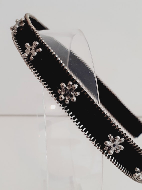 Black Headband with Silver Zipper Flower Accent Black silver floral shabby chic lace headband – ShariRose main image 4