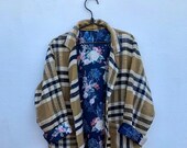Moroccan vintage handmade beige and navy plaid inspired blanket coat with floral lining