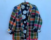 Moroccan vintage handmade plaid inspired blanket coat with daisy lining