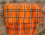 Moroccan vintage handwoven plaid blanket mixture of cotton and wool (orange, black, white)