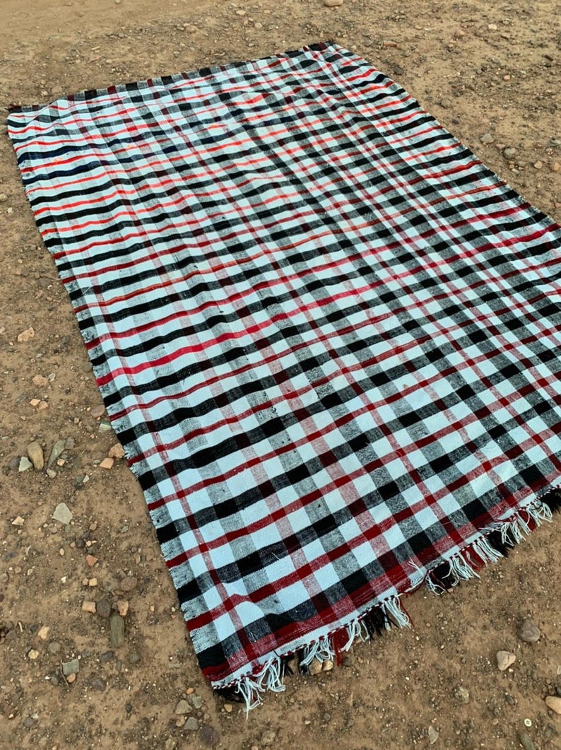 Moroccan vintage handmade striped blanket in cotton and wool multicoloured zdjęcie 7