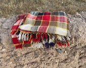 Moroccan vintage handwoven plaid blanket mixture of cotton and wool (red, brown, cream, black)