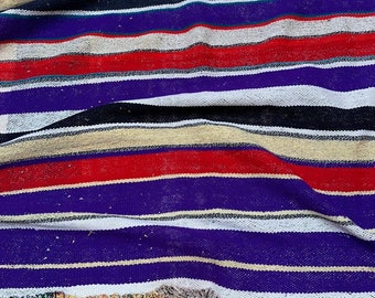 Moroccan vintage handwoven striped blanket mixture of cotton and wool (multicoloured)