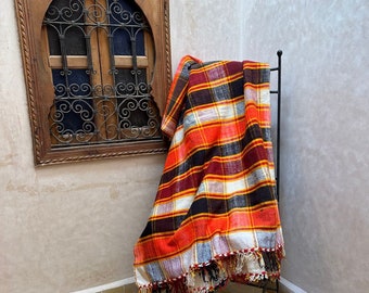 Moroccan vintage handwoven plaid blanket mixture of cotton and wool (multicoloured)