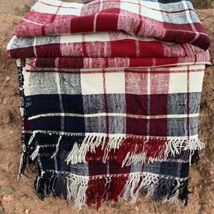 Moroccan vintage handwoven plaid blanket mixture of cotton and wool (Black, cream, burgundy)