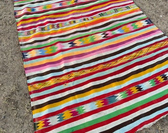Moroccan Vintage Handmade Striped Blanket | Cotton & Wool | Multicoloured | Zigzag Details | Rug Cover | Home Decor