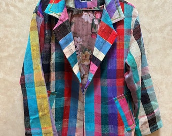 Cappotto coperta scozzese multicolore vintage marocchino fatto a mano / Fodera floreale in raso color malva / Sostenibile / Boho