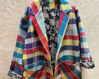 Moroccan Statement Handmade Multicoloured Vintage Plaid Blanket Coat | Satin Floral Lining | Sustainable