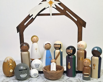 Nativity Peg Doll Set - 12 Piece Set, Wooden Nativity Set, Christmas ...
