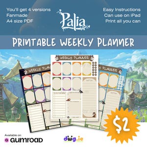 May include: Printable weekly planner featuring the "Palia" logo and various planner layouts. The image includes text such as "Easy Instructions" and "Print all you can". The planner is available in A4 size PDF format.